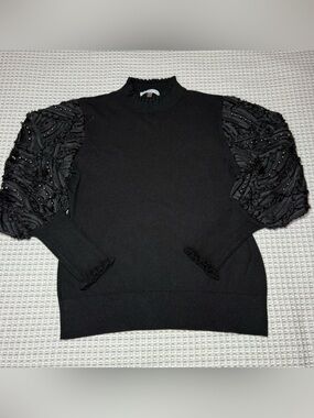 Sioni Black Mock Neck Large Sweater Sheer Beaded Sleeves Soft Quiet Luxury Boho